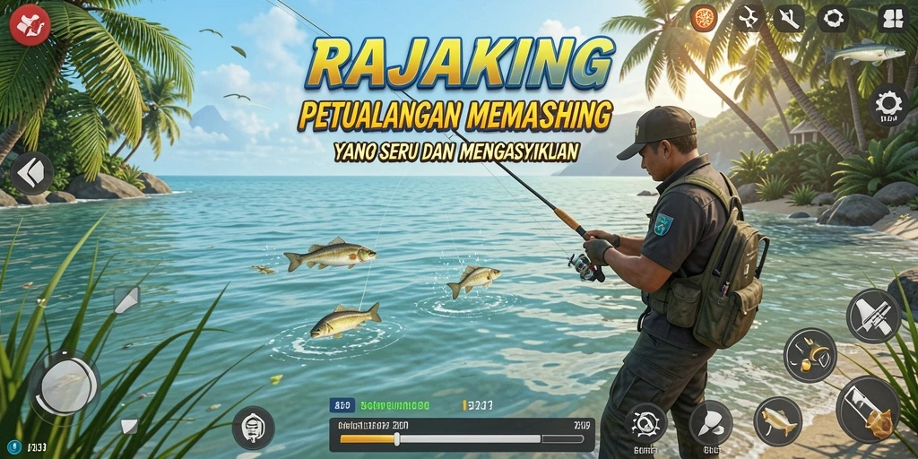 Screenshot gameplay RAJAKING menampilkan keseruan memancing di laut.
